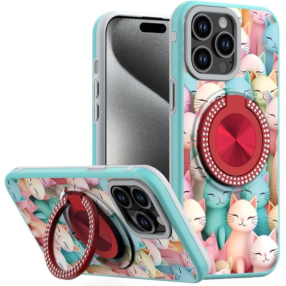 For iP15 Pro Max Metal Diamond CD Pattern Design Matte Finished Hybrid with Rotational Ring [Car Mount Friendly] Case - Cats