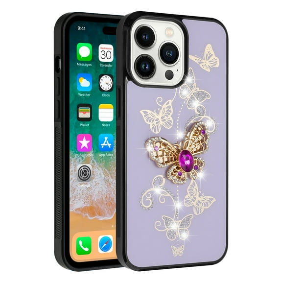 For iP15 Pro Max SPLENDID Diamond Glitter Ornaments Engraving Case Cover - Garden Butterflies Purple