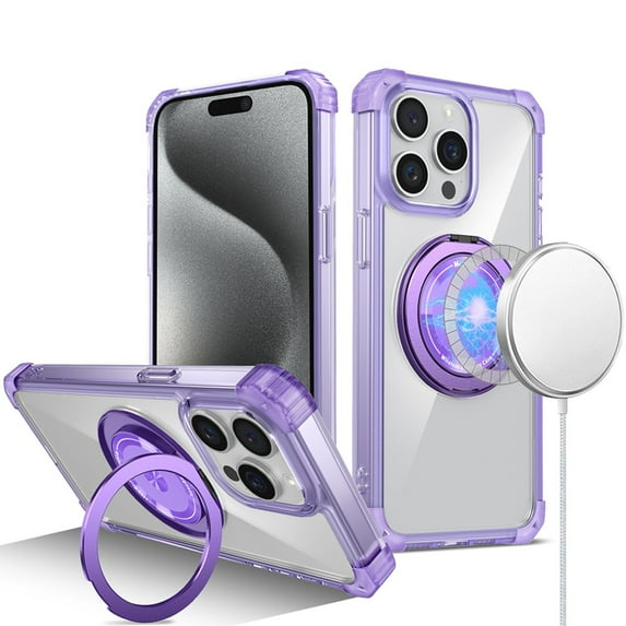 For iP15 Pro Max Shield Magnetic Ring Transparent HQ 360 Degree Rotational Shockproof Case Cover - Purple