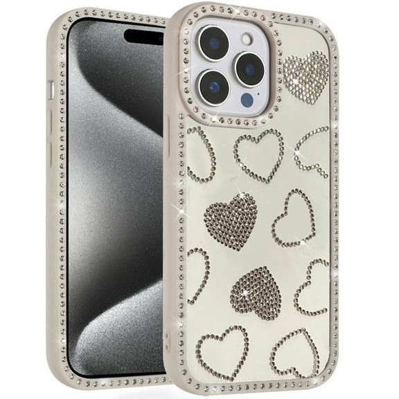 For iP15 Pro Max Spread Love Glitter Shimmer Diamond Edged Hybrid Case - Beige