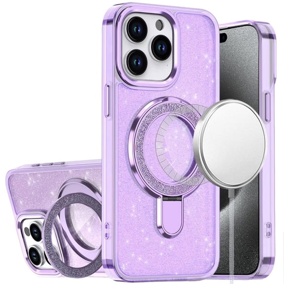 For iP15 Pro Max Transparent Glitter Rotaional Magnetic Ring Stand HQ Hybrid - Light Purple