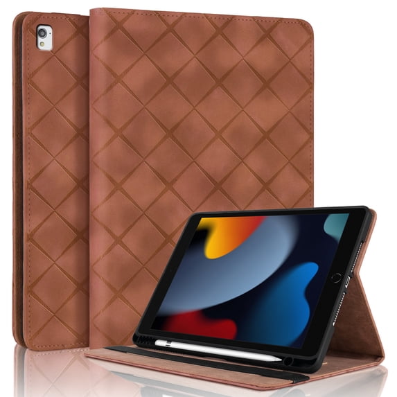 for iPad 10.2 inch 2020/2019 Released (8th Gen/7th Gen) Case, Rhombus Grid Pattern Multiple Viewing Angles Stand Slim Folio Cover (Brown)