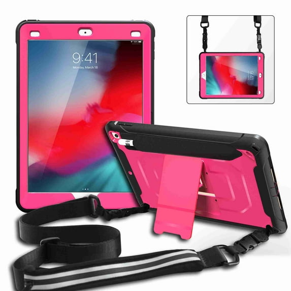 For iPad 9.7 5th 2017 (A1822 A1823) / 6th Gen 2018 (A1893 A1954),Dteck 3-Layer Shockproof Cover Pencel Holder Shoulder Strap Expandable Pouch Hybrid Kickstand Case Without Built-in Protector,Rose