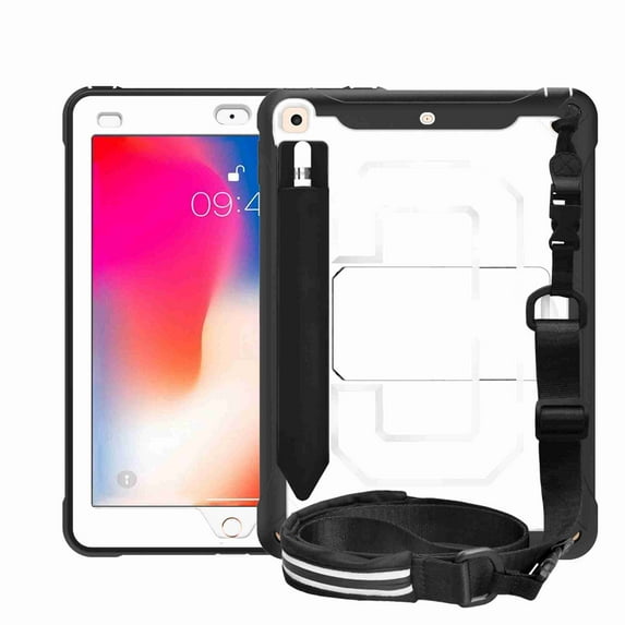 For iPad 9.7 5th 2017 (A1822 A1823) / 6th Gen 2018 (A1893 A1954),Dteck 3-Layer Shockproof Cover Pencel Holder Shoulder Strap Expandable Pouch Hybrid Kickstand Case Without Built-in Protector,White