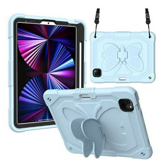 For iPad Air Blue Case 5th/4th Gen 10.9 Butterfly Kickstand Pencil Holder, iPad Pro 11 Cases 3rd 2nd (2021/2020/2018) 2 in 1 Heavy Duty Rugged Cover Kids Girls for iPad Air 4th/5th(2022)/iPad Pro 11