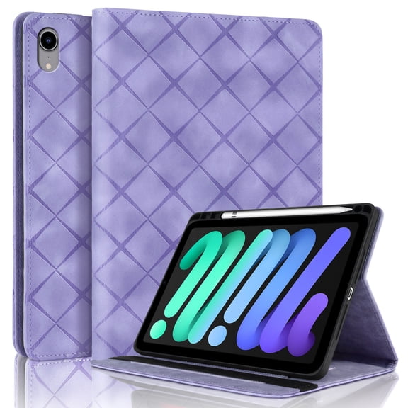 for iPad Mini 7th/6th Generation 8.3 inch 2024/2021, Rhombus Grid Pattern Multiple Viewing Angles Stand Slim Folio Cover (Purple)