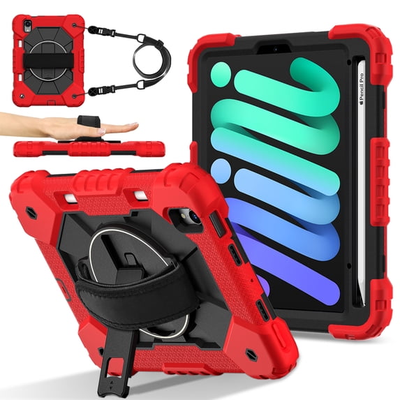 For iPad Mini 7th 6th Generation Case with Pencil Holder, Heavy Duty Shockproof Ruggd Rotating Kickstand Hand Strap Cover Case with Shoulder Strap Kids Friendly Case for Apple iPad Mini 6 7,Red+Black