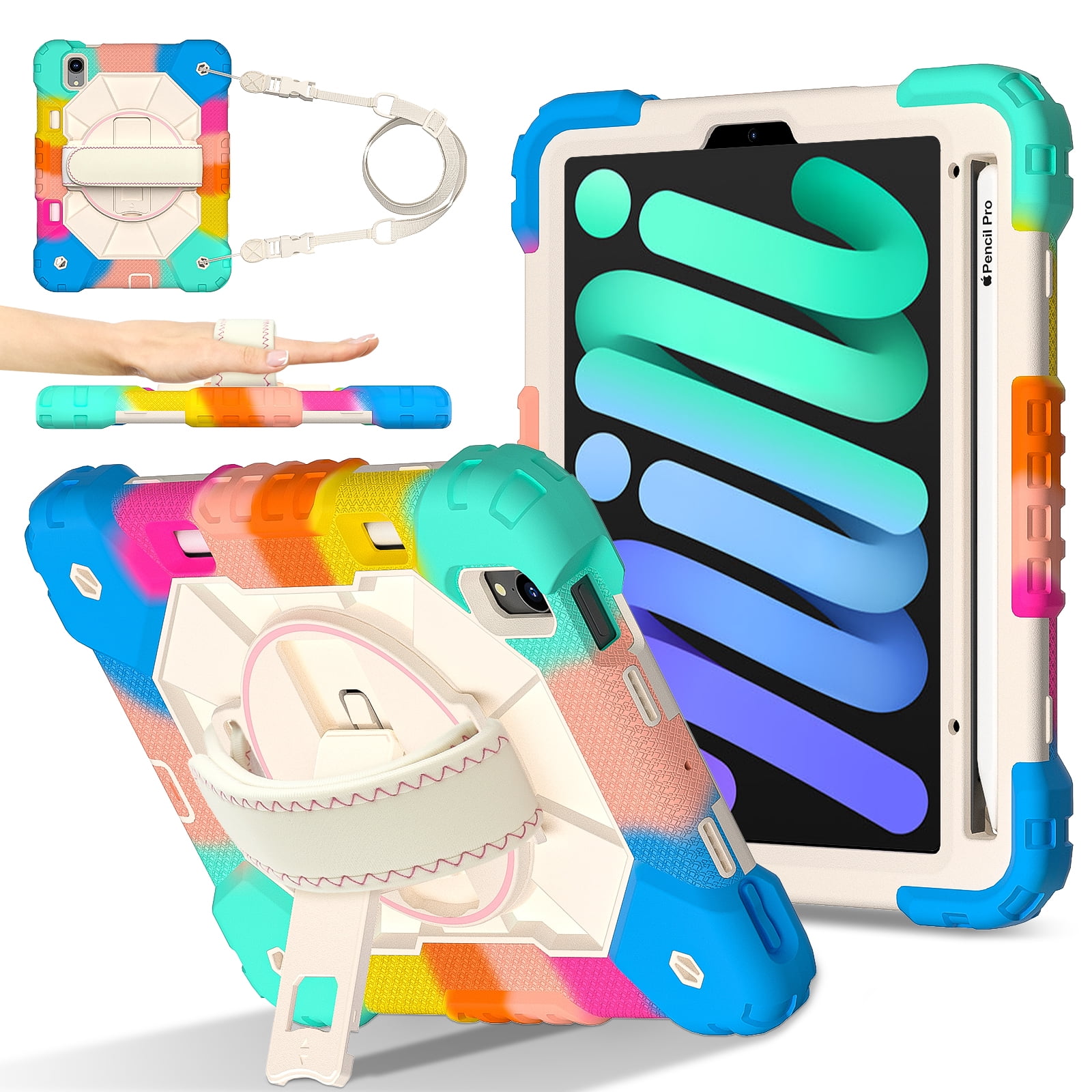 For iPad Mini 7th 6th Generation Case with Pencil Holder, Heavy Duty Shockproof Ruggd Rotating Kickstand Hand Strap Cover with Shoulder Strap Kids Friendly Case for Apple iPad Mini 6 7,Colorful Blue