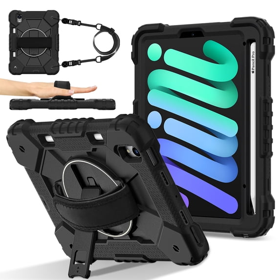For iPad Mini 7th 6th Generation Case with Pencil Holder, Heavy Duty Shockproof Ruggd Rotating Kickstand Hand Strap Cover Case with Shoulder Strap Kids Friendly Case for Apple iPad Mini 6 7,Black