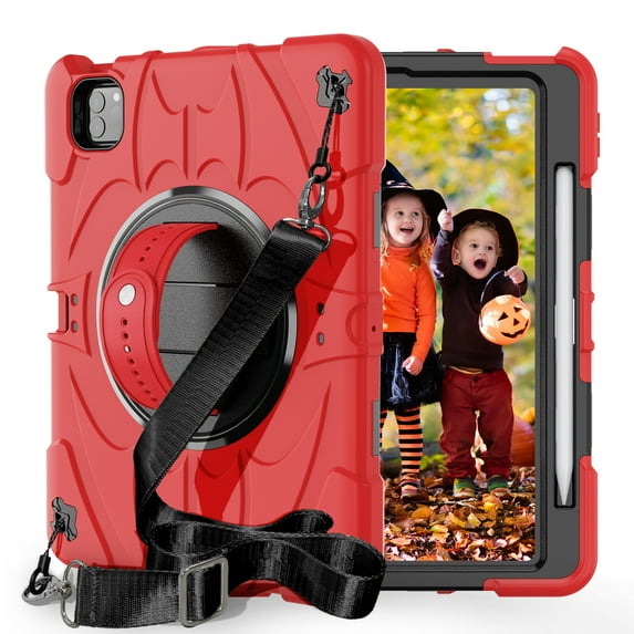 For iPad Pro 11"(2022/2021/2020/2018)/Air 5th/4th10.9" Case,Kids Friendly,With Rotatable Adjustable Hand Strap,Retractable Kickstand,Shoulder Strap,Shockproof Anti-fall Rugged Heavy Duty Case,Red