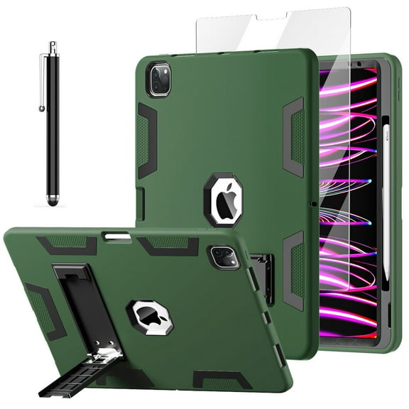 For iPad Pro 12.9 Inch 6th Generation(2022) Case Rugged Kickstand Pencil Storage Heavy Duty Protective Cover (Green)