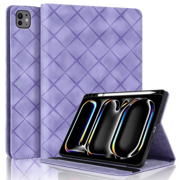 For iPad Pro 13 inch (2025 M5/2024 M4) Case, Rhombus Grid Pattern Multiple Viewing Angles Stand Slim Folio Cover (Purple)
