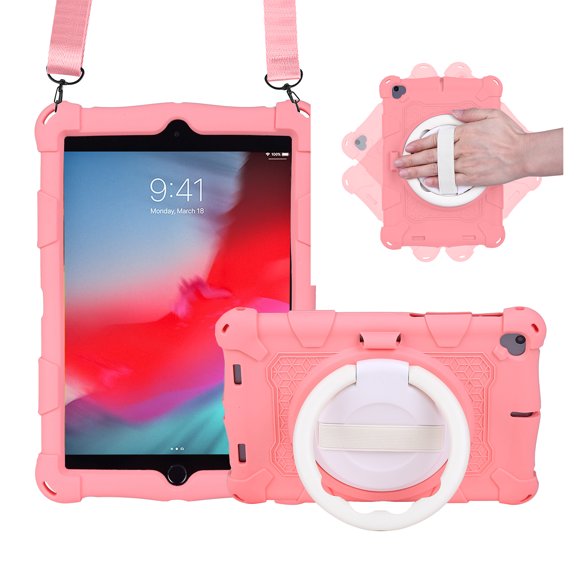 For iPad mini 1 2 3 4 5 Case, Soft Silicone Drop Protection Rotating Kickstand with Shoulder Strap Pencil Holder Kids Friendly Lightweight Case for iPad mini 5th 4th 3rd 2nd 1st Gen 7.9", Pink