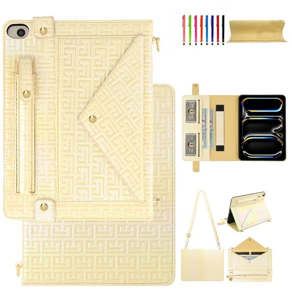 For iPad mini 1/2/3/4/5 Wallet Case,With Shoulder Strap&Hand Strap With Elastic,[Stylus Slots&Envelope Pocket,Card Slots],Flip Folio Stand PU Leather Shockproof Rugged Cover,Apricot