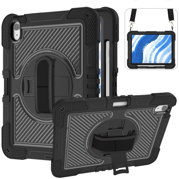 For iPad mini 7 Case/ iPad Mini 6 Case, Military Grade Shockproof Rotating Kickstand Shoulder Strap Drop Proof Kids Friendly Bumper Case for Apple Mini 7th 6th Generation 8.3 Inch,Black