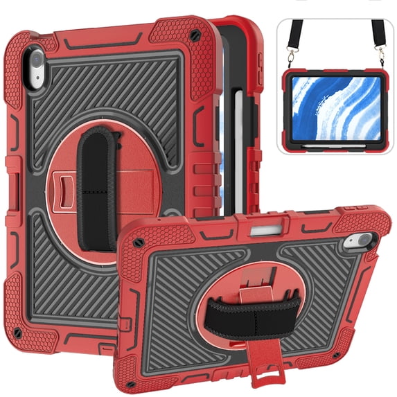 For iPad mini 7 Case/ iPad Mini 6 Case, Military Grade Shockproof Rotating Kickstand Shoulder Strap Drop Proof Kids Friendly Bumper Case for Apple Mini 7th 6th Generation 8.3 Inch,Red