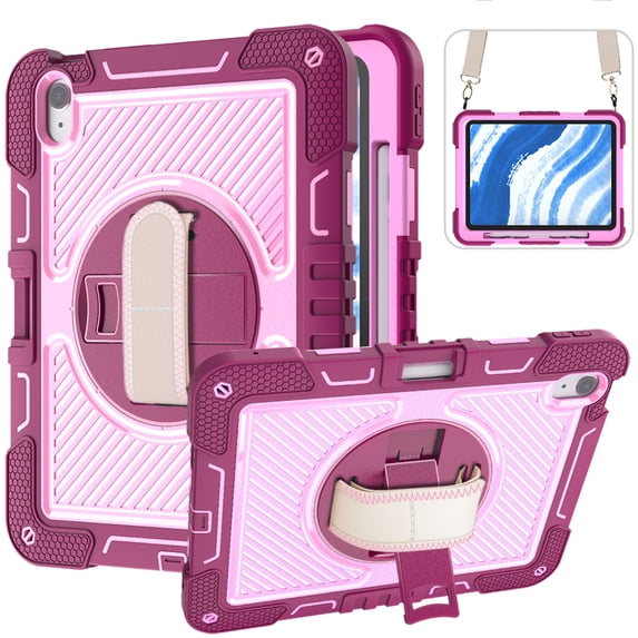 For iPad mini 7 Case/ iPad Mini 6 Case, Military Grade Shockproof Rotating Kickstand Shoulder Strap Drop Proof Kids Friendly Bumper Case for Apple Mini 7th 6th Generation 8.3 Inch,Rose