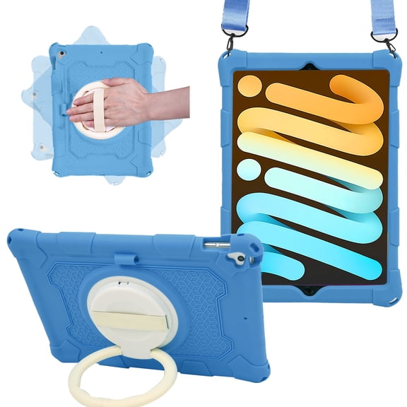 For iPad mini 7th 6th Generation Case, Soft Silicone Drop Protection Rotating Kickstand with Shoulder Strap Pencil Holder Kids Friendly Lightweight Case for iPad mini 6 7 8.3", Darkblue