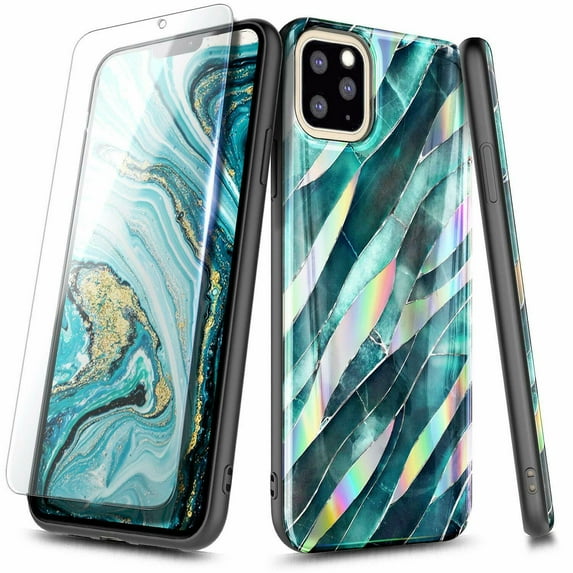 For iPhone 11 Case, with Tempered Glass Screen Protector, Ultra Slim Thin Glossy Stylish, Gold Glitter Marble Design Phone Cover - Leaf