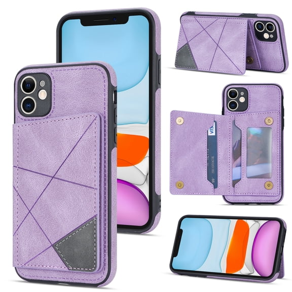 For iPhone 11 Phone Case Card Slots Metal Buttons Convenient Kickstand Synthetic Leather Lightweight Plain Slim  Shockproof Anti-Fingerprint Phone Cover for Women or Men,Purple