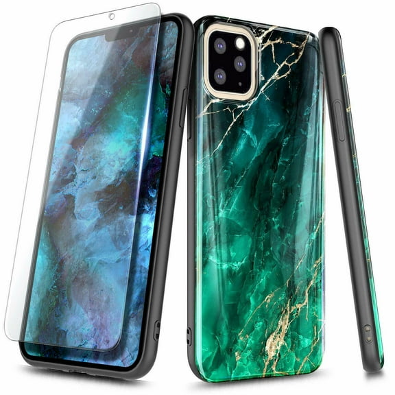 For iPhone 11 Pro Case, with Tempered Glass Screen Protector, Ultra Slim Thin Glossy Stylish, Gold Glitter Marble Design Phone Cover - Emerald
