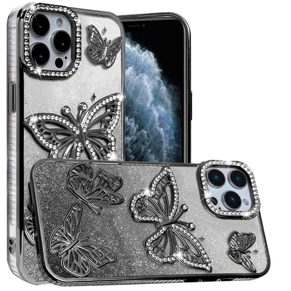 For iPhone 11 Pro MAX (XI6.5) Butterfly Freedom Shimmer Glitter Thick TPU Case Cover - Black