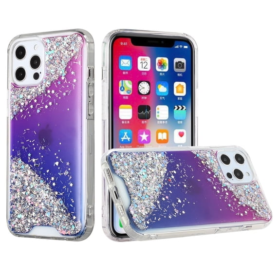 For iPhone 12, 12 Pro Case Epoxy Fuzed Glitter Design Hybrid Protective Cover