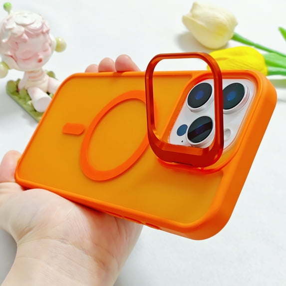 For iPhone 12 Magnetic Case, Compatible with Magsafe Translucent Slim Fit Camera Kickstand Anti-Scratch Drop Protection Hard PC Back Cover for Apple iPhone 12, Orange