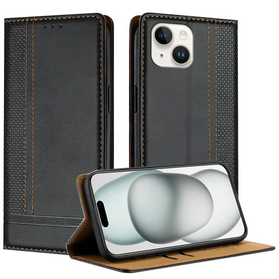 For iPhone 12 Mini Case, Premium Handcrafted PU Leather Wallet Case, Folio Design Support with 2 Card Slots, Magnetic Closure Kickstand RFID Credit Holder for iPhone 12 Mini 5.4 inches,Black