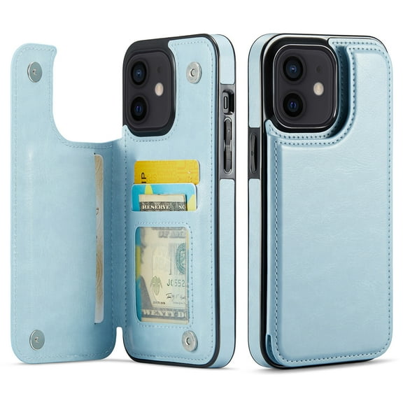 For iPhone 12 Mini Wallet Case with Card Holder, PU Faux Leather Kickstand Card Slots Case, Double Magnetic Clasp and Durable Shockproof Cover