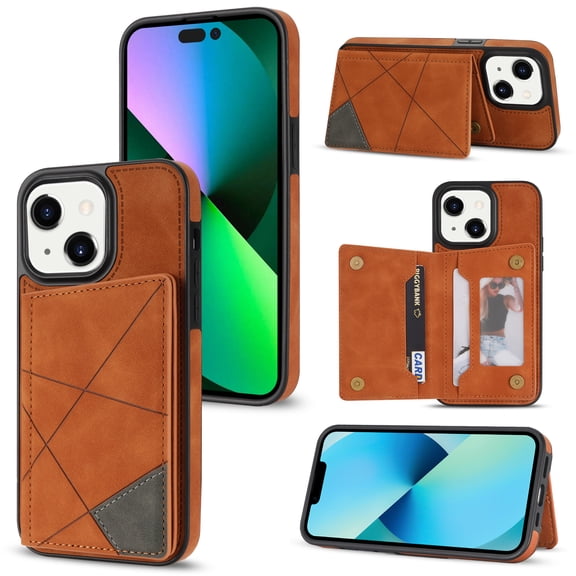 For iPhone 12 Phone Case Card Slots Metal Buttons Convenient Kickstand Synthetic Leather Lightweight Plain Slim  Shockproof Anti-Fingerprint Phone Cover for Women or Men,Brown