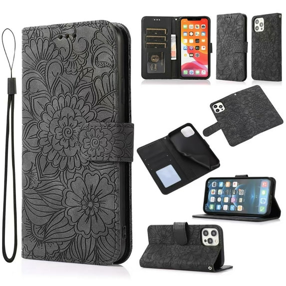 For iPhone 12 Pro / 12 6.1" Case, Premium Leather Magnetic Closure Flip Wallet Case with Card Holder Cash Slot Stand Function Embossed Flower Pattern Slim Shockproof Lanyard/Strap Cover,Black