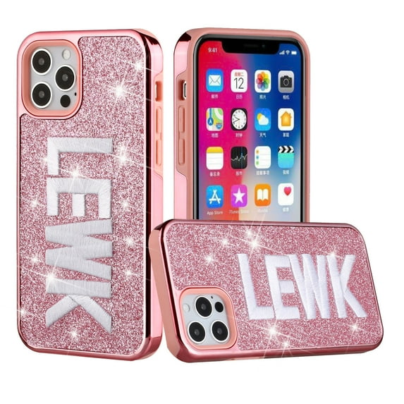 For iPhone 12 Pro Max 6.7 Embroidery Bling Glitter Chrome Hybrid Case Cover - LEWK on Pink