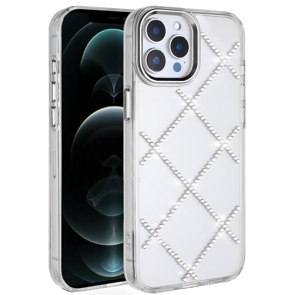 For iPhone 12 Pro Max 6.7 Gem Glitter Diamond Transparent Hard Colorful TPU Hybrid Case - Silver