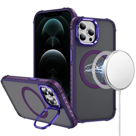 For iPhone 12 Pro Max 6.7 ShatterProof HQ Metal Camera Ring [Magnetic Circle] with Colorful Edged Bar Case - Dark Purple