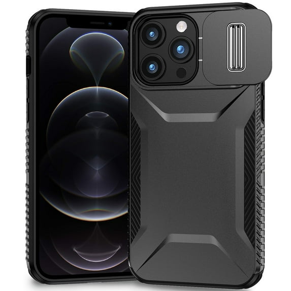 For iPhone 12 Pro Max Case Rugged Side Grip Sliding Lens Cover + Tempered Glass