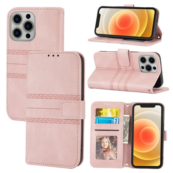 For iPhone 12 Pro Max Flip Case, Premium PU Leather Folio Flip with Design Card Slots Wrist Strap Shockproof Kickstand Magnetic Protective Girls Cover For iPhone 12 Pro Max, Pink