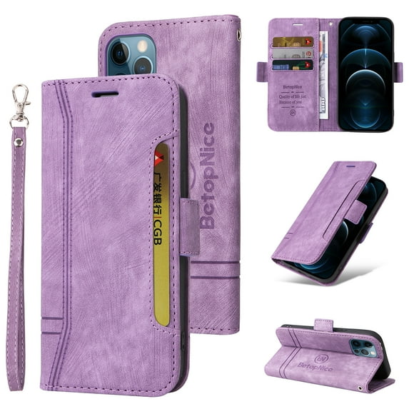 For iPhone 12 Pro Max Flip Case, Slide Card Pocket Premium PU Leather Folio Flip with Design Card Slots Wrist Strap Shockproof Kickstand Magnetic Protective Cover For iPhone 12 Pro Max, Purple