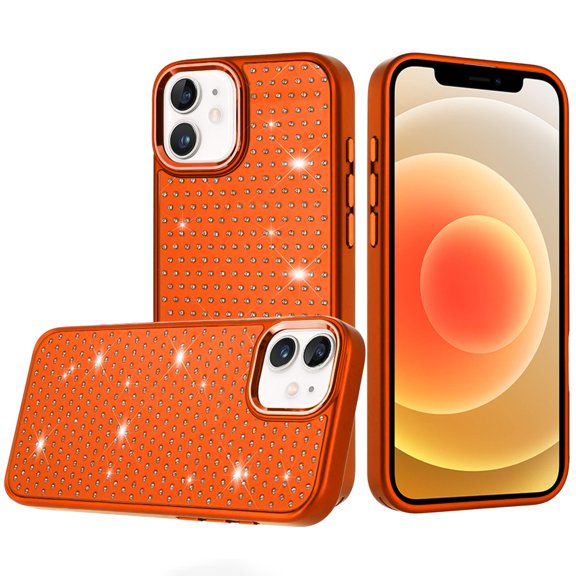 For iPhone 12 & iPhone 12 Pro Beautiful Diamond Metallic Design Metal Chrome Edged Hybrid - Cosmic Orange