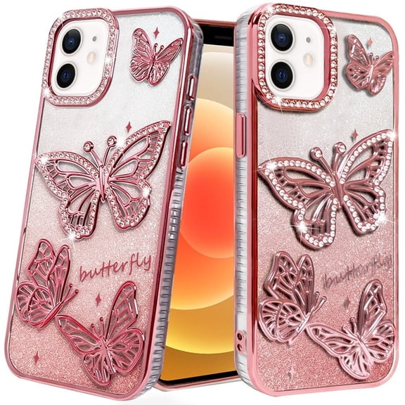 For iPhone 12 & iPhone 12 Pro Butterfly Freedom Shimmer Glitter Thick TPU Case Cover - Rose Gold