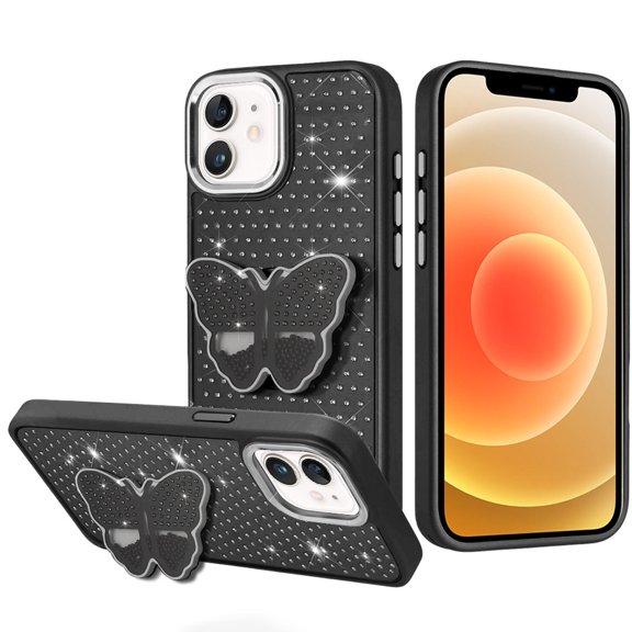 For iPhone 12 & iPhone 12 Pro Butterfly Moveable Grip Stand With Small Diamonds Meta Buttons HQ Hybrid - Black