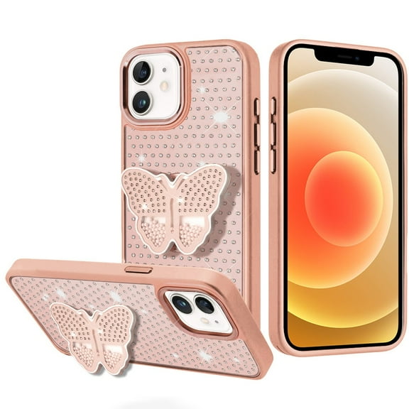 For iPhone 12 & iPhone 12 Pro Butterfly Moveable Grip Stand With Small Diamonds Meta Buttons HQ Hybrid - Rose Gold