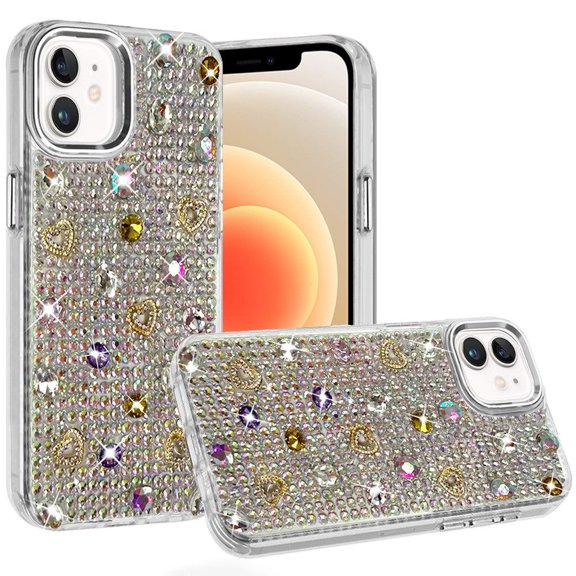 For iPhone 12 & iPhone 12 Pro Charming Hearts Bling Diamonds Stones Chrome Hybrid Case - Silver