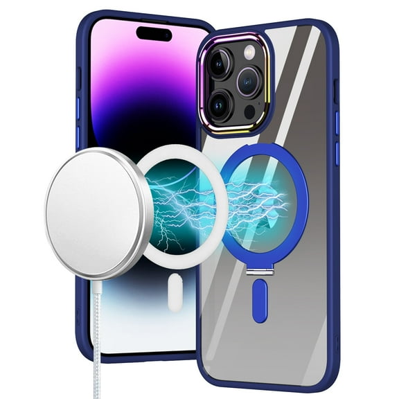 For iPhone 12 & iPhone 12 Pro Dazzle [Magnetic Circle] Kickstand Alloy Chrome Transparent Hybrid - Navy Blue