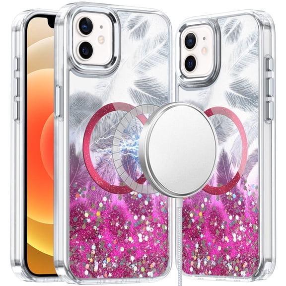 For iPhone 12 & iPhone 12 Pro Epoxy Glitter Shimmer [Magnetic Circle] Hybrid Case - Hot Pink