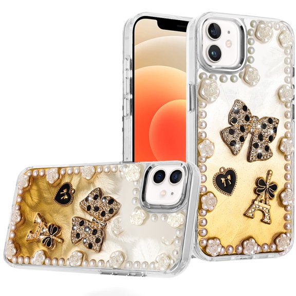 For iPhone 12 & iPhone 12 Pro Pearls Epoxy Glitter Ornaments Design Chrome Edged Case - 9