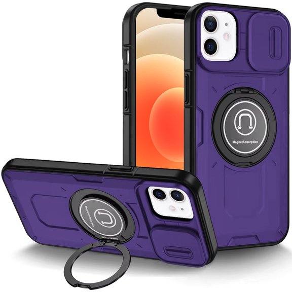 For iPhone 12 & iPhone 12 Pro Push Mount Friendly Camera Protective [Ring Stand] Hybrid Case - Dark Purple