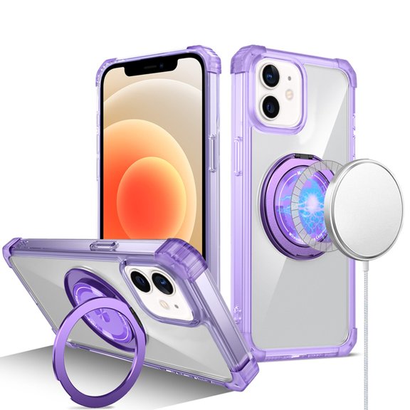 For iPhone 12 & iPhone 12 Pro Shield Magnetic Ring Transparent HQ 360 Degree Rotational Shockproof Case Cover - Purple