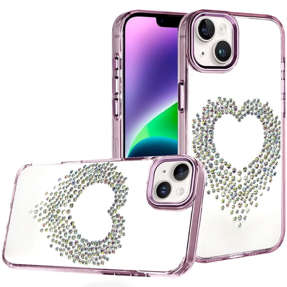 For iPhone 13/14 Angel Hearts Bling Shimmer Colorful Glitter Chrome Edged Hybrid Case - Purple