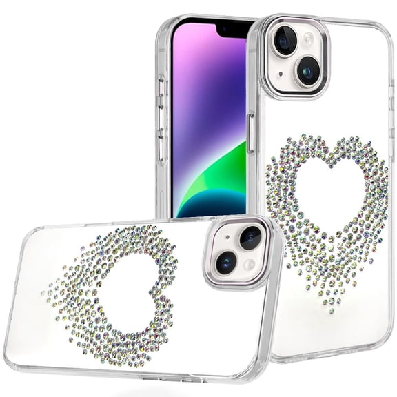 For iPhone 13/14 Angel Hearts Bling Shimmer Colorful Glitter Chrome Edged Hybrid Case - Silver